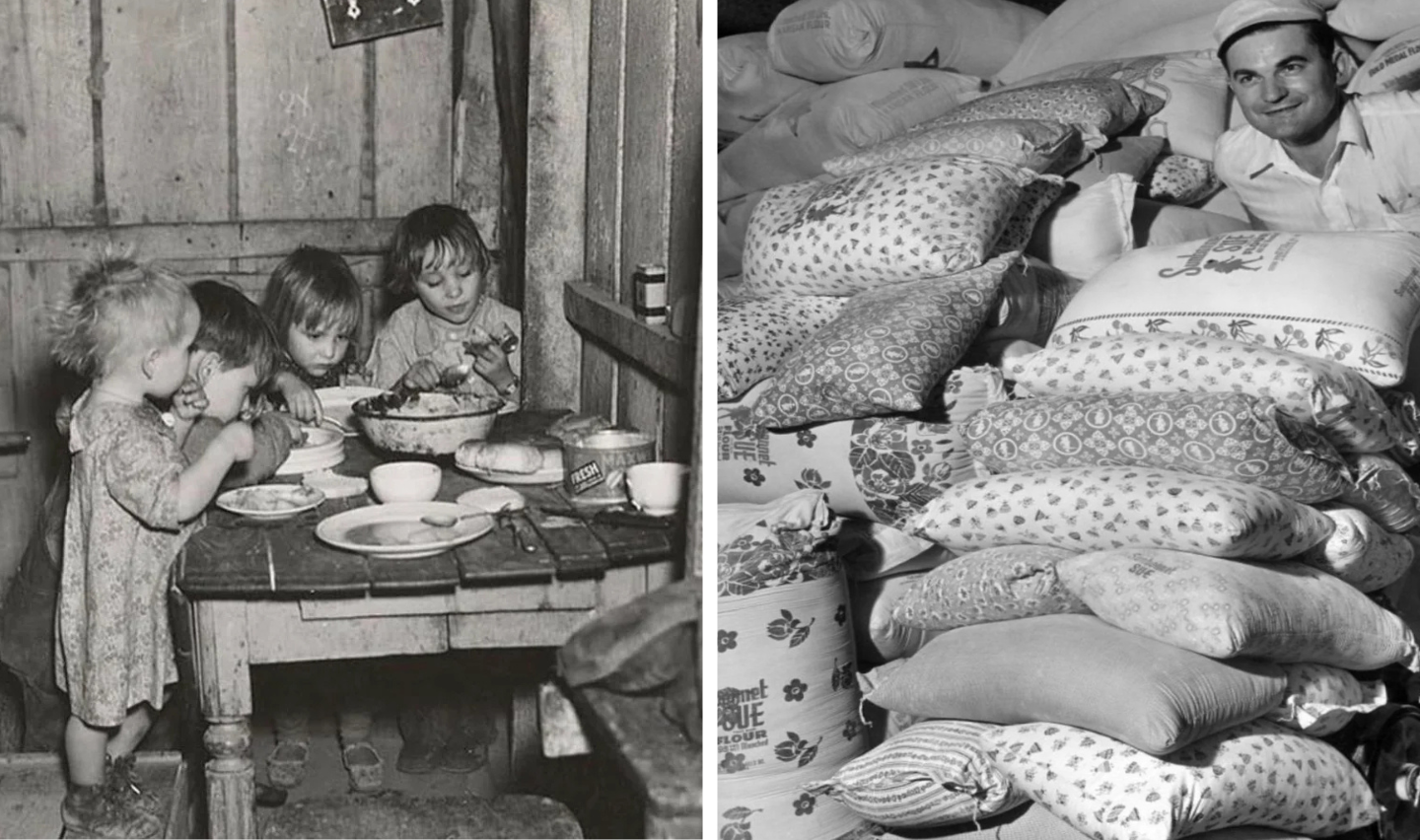 Left side: Three young children stand by a wooden table, eating from bowls in a rustic setting. Right side: A man sits amidst large stacks of printed sacks filled with flour or grain, smiling.