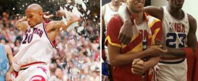 Vintage Basketball photos - Left: A basketball player celebrates with arms raised, confetti around him, wearing a Texas Tech jersey. Right: Two basketball players walk together smiling; one wears a blazer, the other an NBA uniform with number 23.