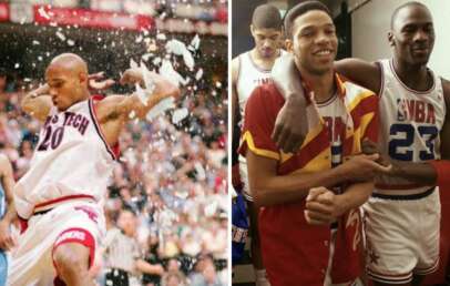 Left: A basketball player celebrates with arms raised, confetti around him, wearing a Texas Tech jersey. Right: Two basketball players walk together smiling; one wears a blazer, the other an NBA uniform with number 23.