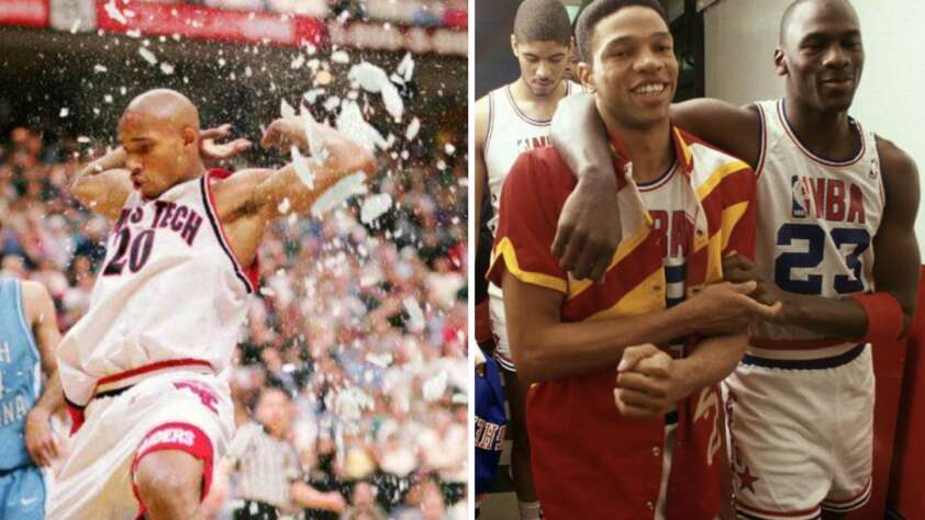 Left: A basketball player celebrates with arms raised, confetti around him, wearing a Texas Tech jersey. Right: Two basketball players walk together smiling; one wears a blazer, the other an NBA uniform with number 23.