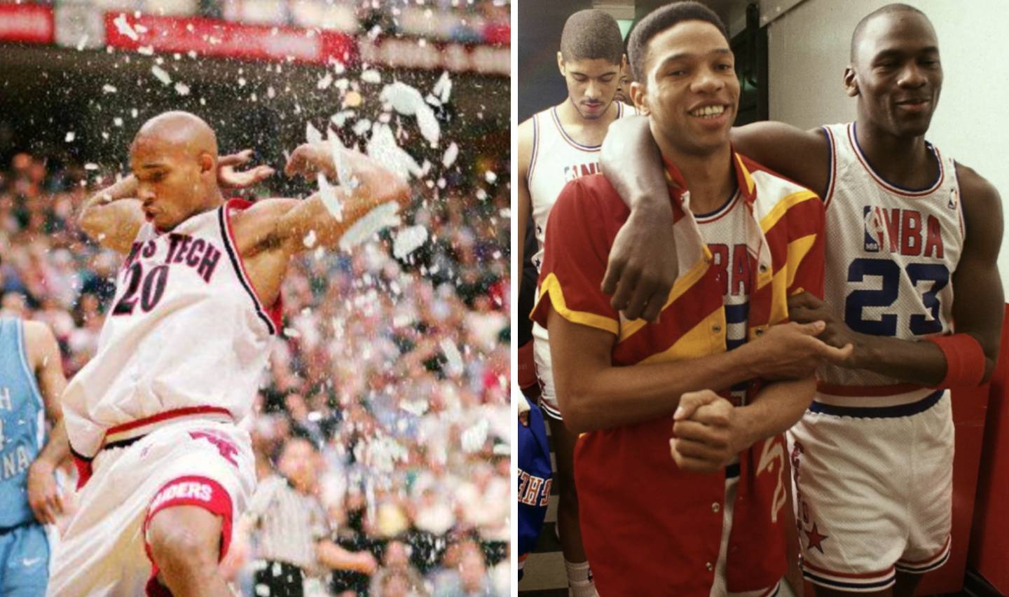 Left: A basketball player celebrates with arms raised, confetti around him, wearing a Texas Tech jersey. Right: Two basketball players walk together smiling; one wears a blazer, the other an NBA uniform with number 23.