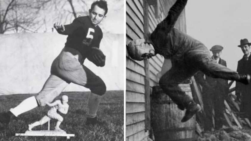 Left: Vintage photo of a football player mid-action pose wearing a "C" jersey, with a small football statue at his feet. Right: A man in a padded suit being thrown against a wooden barn, with three spectators looking on.