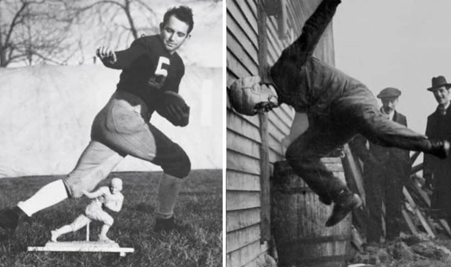 Left: Vintage photo of a football player mid-action pose wearing a "C" jersey, with a small football statue at his feet. Right: A man in a padded suit being thrown against a wooden barn, with three spectators looking on.