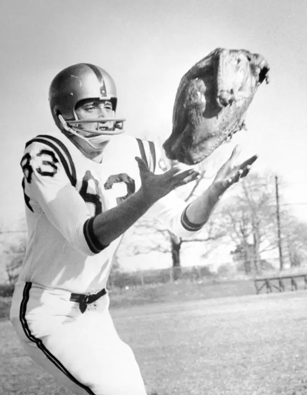 A person in a vintage football uniform catches a large cooked turkey as if it were a football. The scene is outdoors with trees and a bench in the background, captured in black and white.