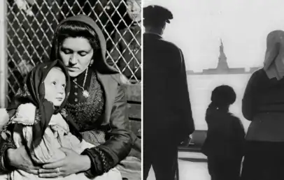 Left: A woman in traditional clothing holds a child, sitting near a chain-link fence. Right: A silhouette of two adults and a child looking at the Statue of Liberty from a ship's deck. Both black and white photos depict immigrants.