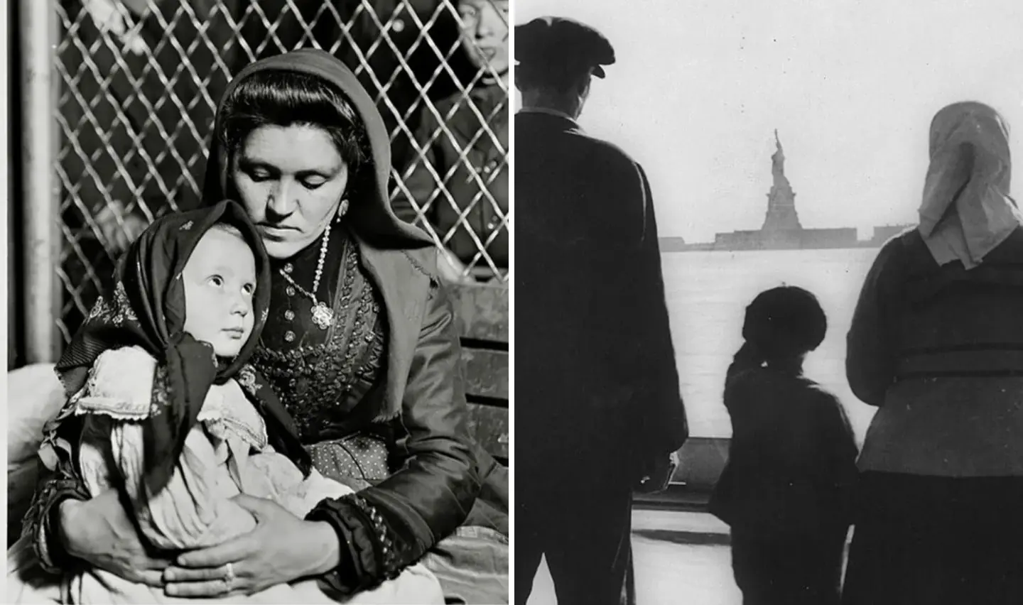 Left: A woman in traditional clothing holds a child, sitting near a chain-link fence. Right: A silhouette of two adults and a child looking at the Statue of Liberty from a ship's deck. Both black and white photos depict immigrants.