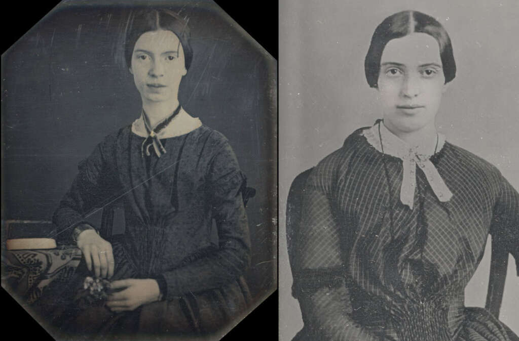 Two vintage portraits of a woman with dark hair in a center part, wearing a 19th-century dress. She is seated in both images, holding flowers in one hand in the left image and looking directly at the camera in both.