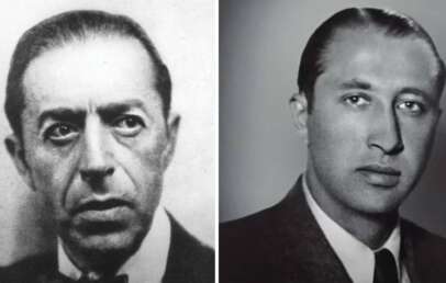 Two black and white portraits of men in suits. The man on the left has slicked-back hair, expressive eyes, and a stern expression. The man on the right has a calm demeanor, also with slicked-back hair, and is looking directly at the camera.