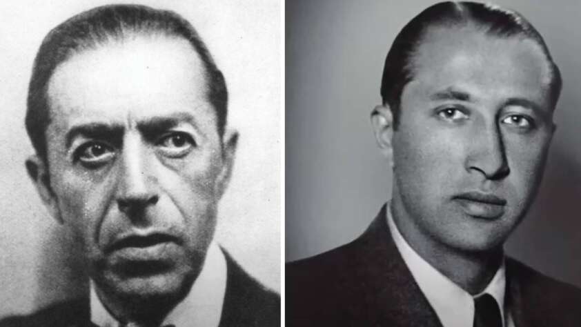 Two black and white portraits of men in suits. The man on the left has slicked-back hair, expressive eyes, and a stern expression. The man on the right has a calm demeanor, also with slicked-back hair, and is looking directly at the camera.