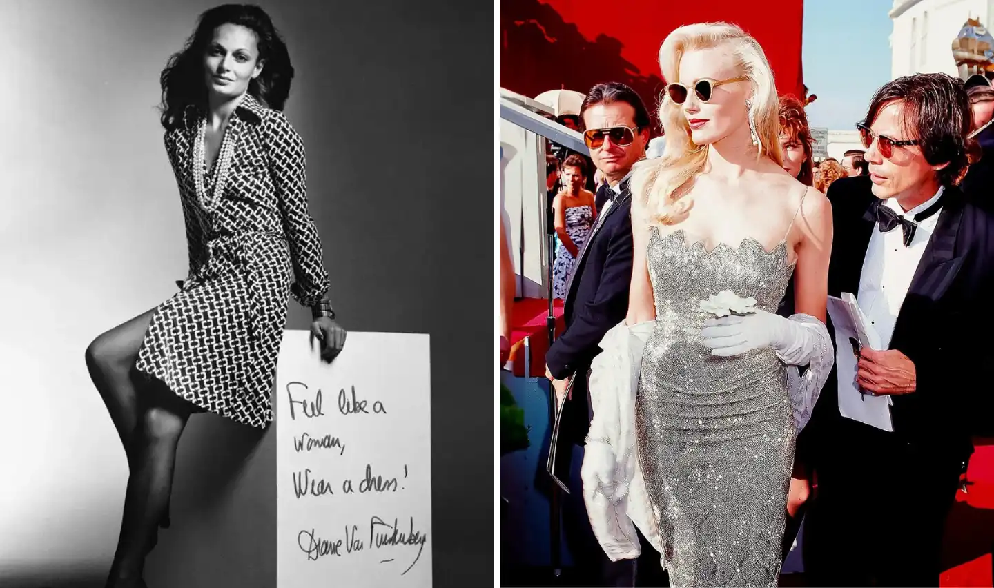 Left side: A woman in a patterned dress holding a sign. Right side: A glamorous woman in a silver dress and sunglasses on the red carpet, accompanied by men in suits.