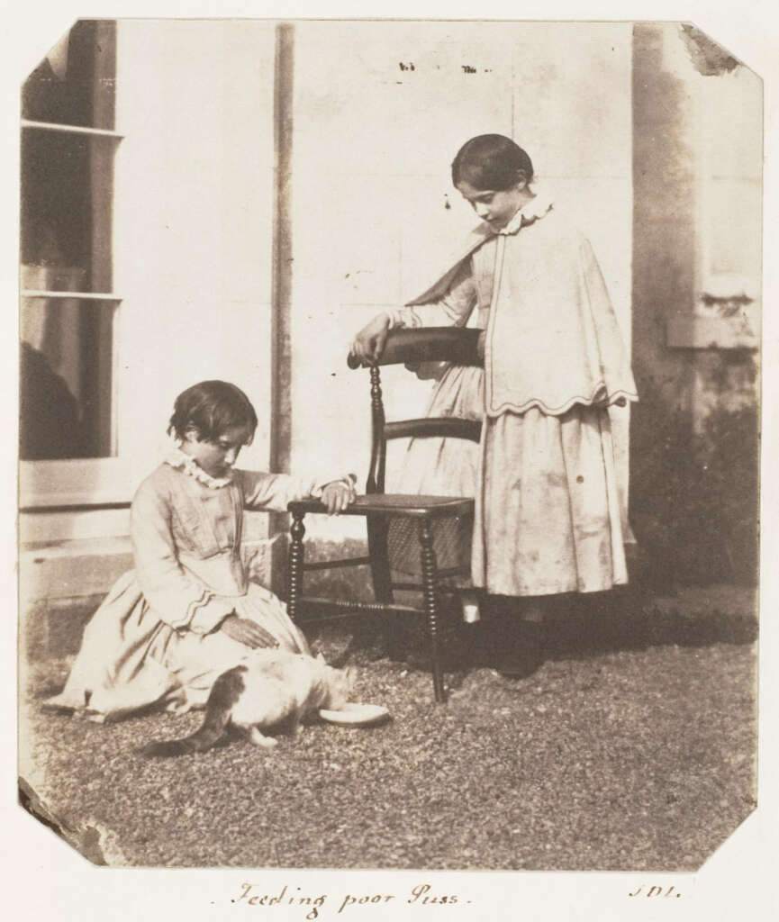 Two girls in vintage dresses, one standing with a hand on a chair and the other kneeling, are feeding a fluffy cat from a bowl on the grass. The scene is outdoors, in front of a building with a window.