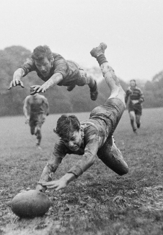 Two men playing rugby dive through the air toward a rugby ball on a muddy field. Both are covered in mud, and two more players are visible in the background running toward them. The scene captures intense action and effort.