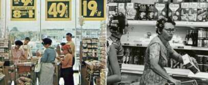 Two vintage grocery store scenes. Left: Shoppers at checkout with colorful price signs overhead. Right: Two women with curlers in their hair browse shelves stocked with various packaged goods. Both images evoke a nostalgic mid-20th century shopping experience.