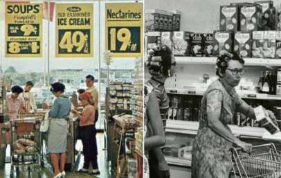 Two vintage grocery store scenes. Left: Shoppers at checkout with colorful price signs overhead. Right: Two women with curlers in their hair browse shelves stocked with various packaged goods. Both images evoke a nostalgic mid-20th century shopping experience.