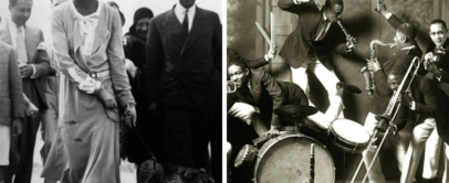 Left: A woman smiles while walking a cheetah on a leash, surrounded by people. Right: A jazz band enthusiastically plays instruments, including a trumpet, saxophone, trombone, and drums, with members in dynamic poses. Both images are vintage black and white.