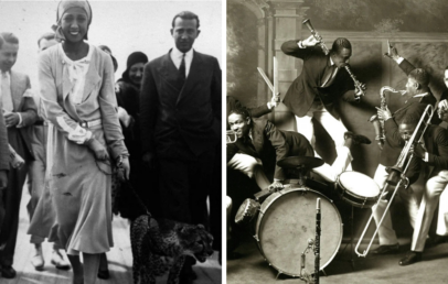 Left: A woman smiles while walking a cheetah on a leash, surrounded by people. Right: A jazz band enthusiastically plays instruments, including a trumpet, saxophone, trombone, and drums, with members in dynamic poses. Both images are vintage black and white.