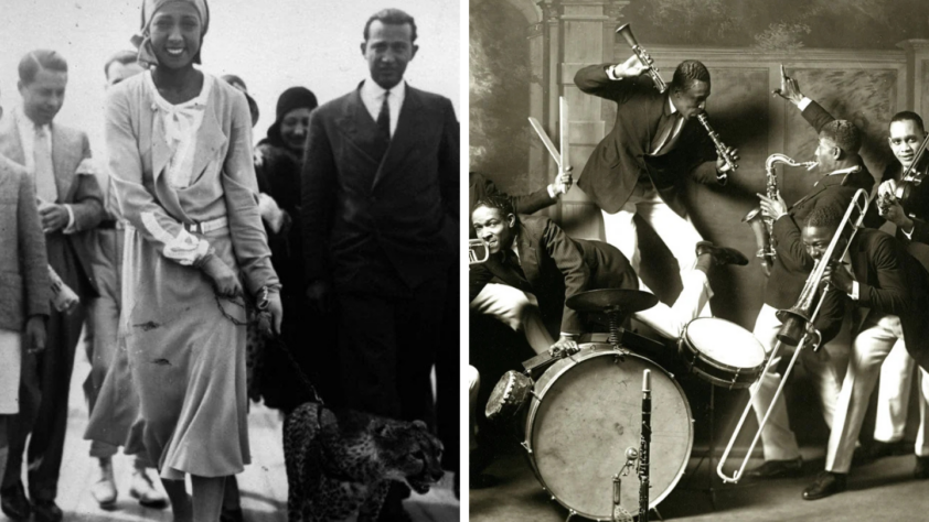 Left: A woman smiles while walking a cheetah on a leash, surrounded by people. Right: A jazz band enthusiastically plays instruments, including a trumpet, saxophone, trombone, and drums, with members in dynamic poses. Both images are vintage black and white.