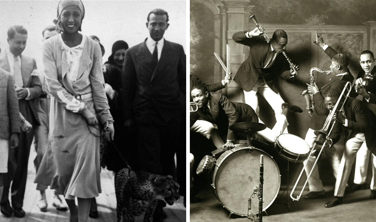 Left: A woman smiles while walking a cheetah on a leash, surrounded by people. Right: A jazz band enthusiastically plays instruments, including a trumpet, saxophone, trombone, and drums, with members in dynamic poses. Both images are vintage black and white.