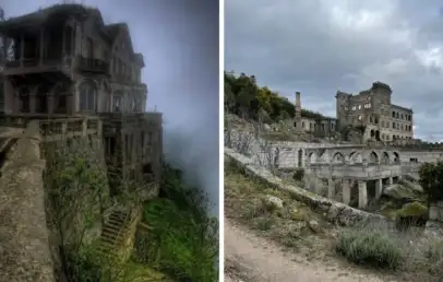 Left: An abandoned stone mansion covered in mist, surrounded by overgrown greenery. Right: A large, decaying stone structure with arches, set on a hill under a cloudy sky, with vegetation growing nearby.