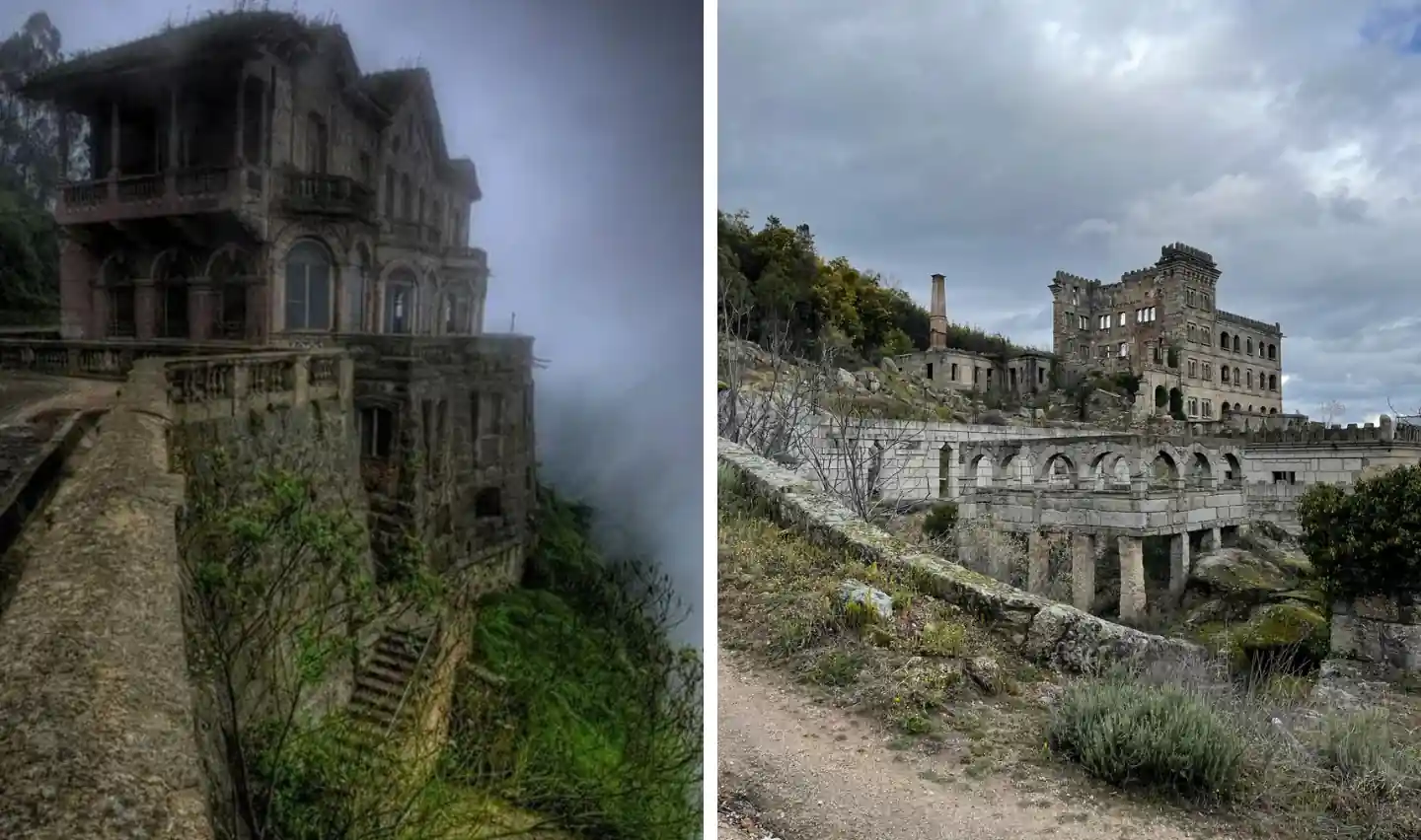 Left: An abandoned stone mansion covered in mist, surrounded by overgrown greenery. Right: A large, decaying stone structure with arches, set on a hill under a cloudy sky, with vegetation growing nearby.