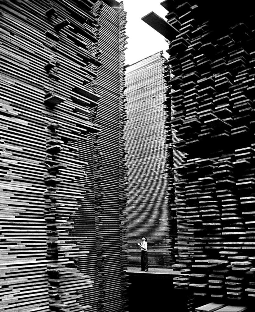 A black-and-white photo showing a person standing between two towering stacks of wooden planks. The planks are stacked tightly, forming narrow vertical walls. The person appears small in comparison and is looking upwards, surrounded by the towering stacks.