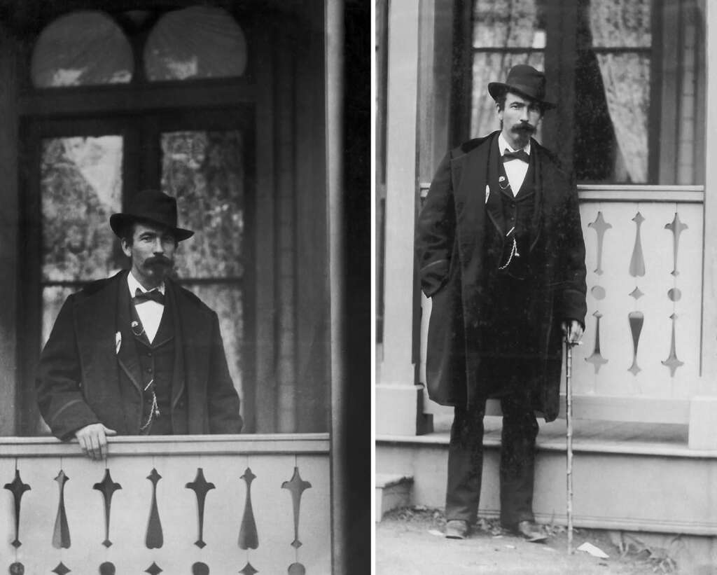 Two black and white photos of a man in a dark suit, overcoat, and wide-brimmed hat standing on a porch. He has a mustache and holds a cane. The porch has decorative cut-out patterns in the railing.