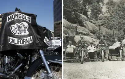 Left: A close-up of a motorcycle with a leather jacket showing "Mongols M.C. California" draped over the seat. Right: A vintage black-and-white photo of five men on motorcycles with sidecars on a dirt path near rocky terrain.