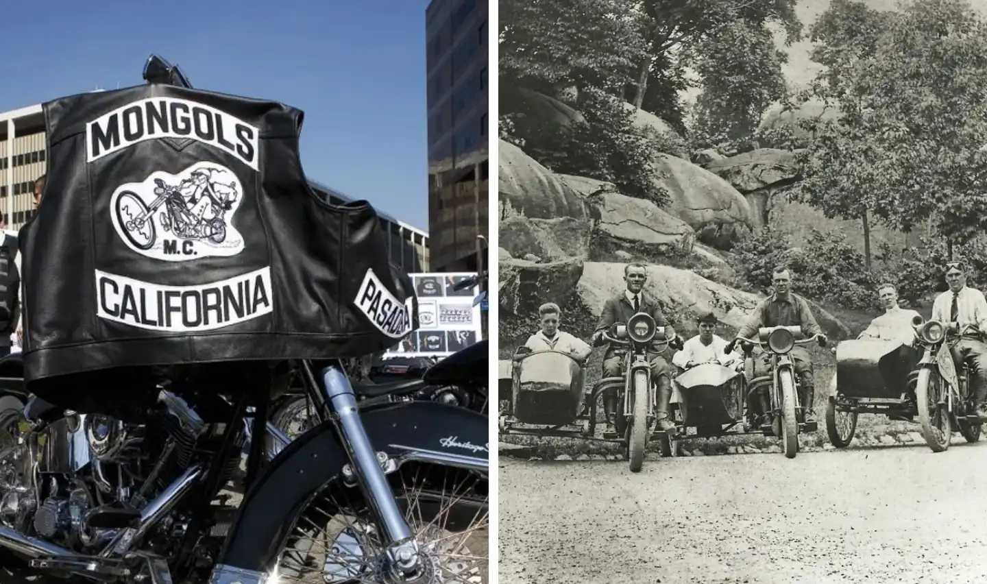 Left: A close-up of a motorcycle with a leather jacket showing "Mongols M.C. California" draped over the seat. Right: A vintage black-and-white photo of five men on motorcycles with sidecars on a dirt path near rocky terrain.