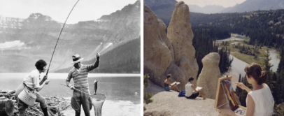 Left side: A vintage photo of two people fishing by a lake. One holds a fish on a line. Right side: A scenic view of an artist painting on a cliff, overlooking a river and mountains, with three people seated around.