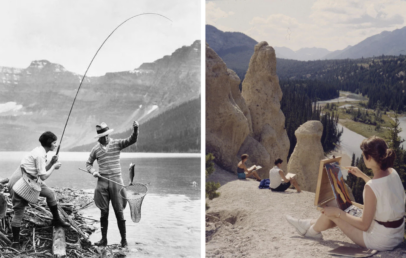 Left side: A vintage photo of two people fishing by a lake. One holds a fish on a line. Right side: A scenic view of an artist painting on a cliff, overlooking a river and mountains, with three people seated around.