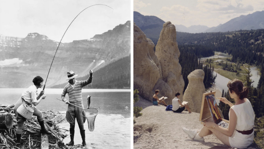 Left side: A vintage photo of two people fishing by a lake. One holds a fish on a line. Right side: A scenic view of an artist painting on a cliff, overlooking a river and mountains, with three people seated around.