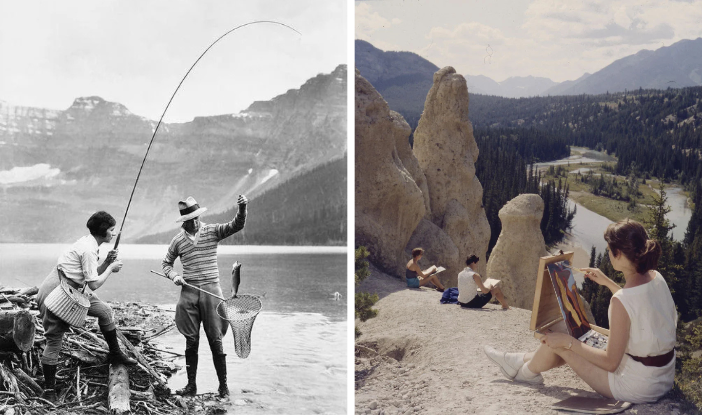 Left side: A vintage photo of two people fishing by a lake. One holds a fish on a line. Right side: A scenic view of an artist painting on a cliff, overlooking a river and mountains, with three people seated around.