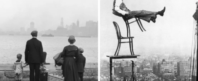 Left: A family with luggage looks at a foggy city skyline across the water. Right: A man balances precariously on a stack of chairs atop a skyscraper, overlooking a cityscape.