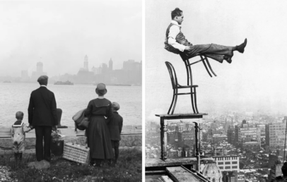 Left: A family with luggage looks at a foggy city skyline across the water. Right: A man balances precariously on a stack of chairs atop a skyscraper, overlooking a cityscape.