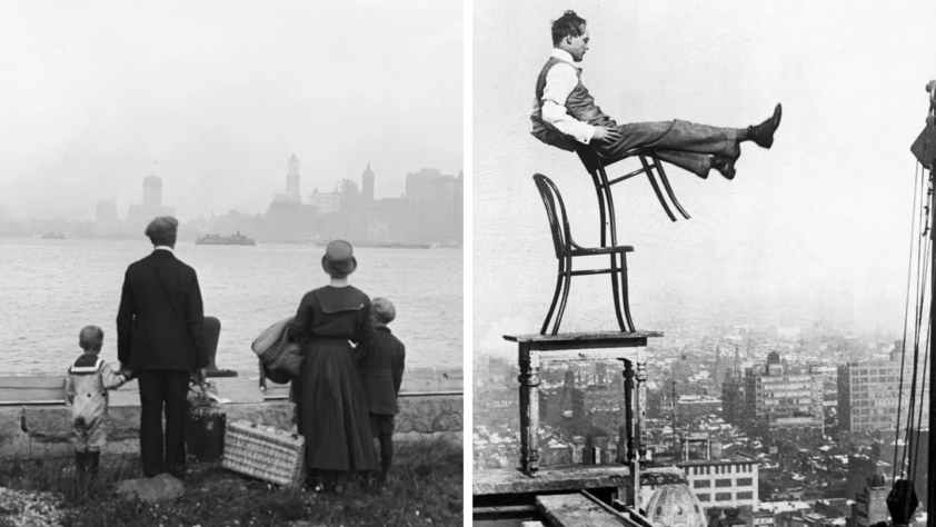 Left: A family with luggage looks at a foggy city skyline across the water. Right: A man balances precariously on a stack of chairs atop a skyscraper, overlooking a cityscape.