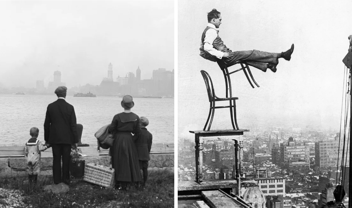 Left: A family with luggage looks at a foggy city skyline across the water. Right: A man balances precariously on a stack of chairs atop a skyscraper, overlooking a cityscape.