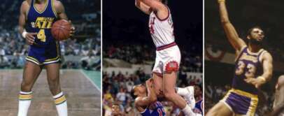 Three images of basketball players in action. Left: Player in a yellow Utah Jazz uniform dribbles the ball. Center: Player in a white jersey leaps over opponents. Right: Player in a purple Lakers uniform goes for a hook shot.