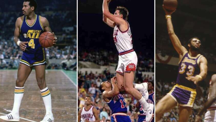 Three images of basketball players in action. Left: Player in a yellow Utah Jazz uniform dribbles the ball. Center: Player in a white jersey leaps over opponents. Right: Player in a purple Lakers uniform goes for a hook shot.