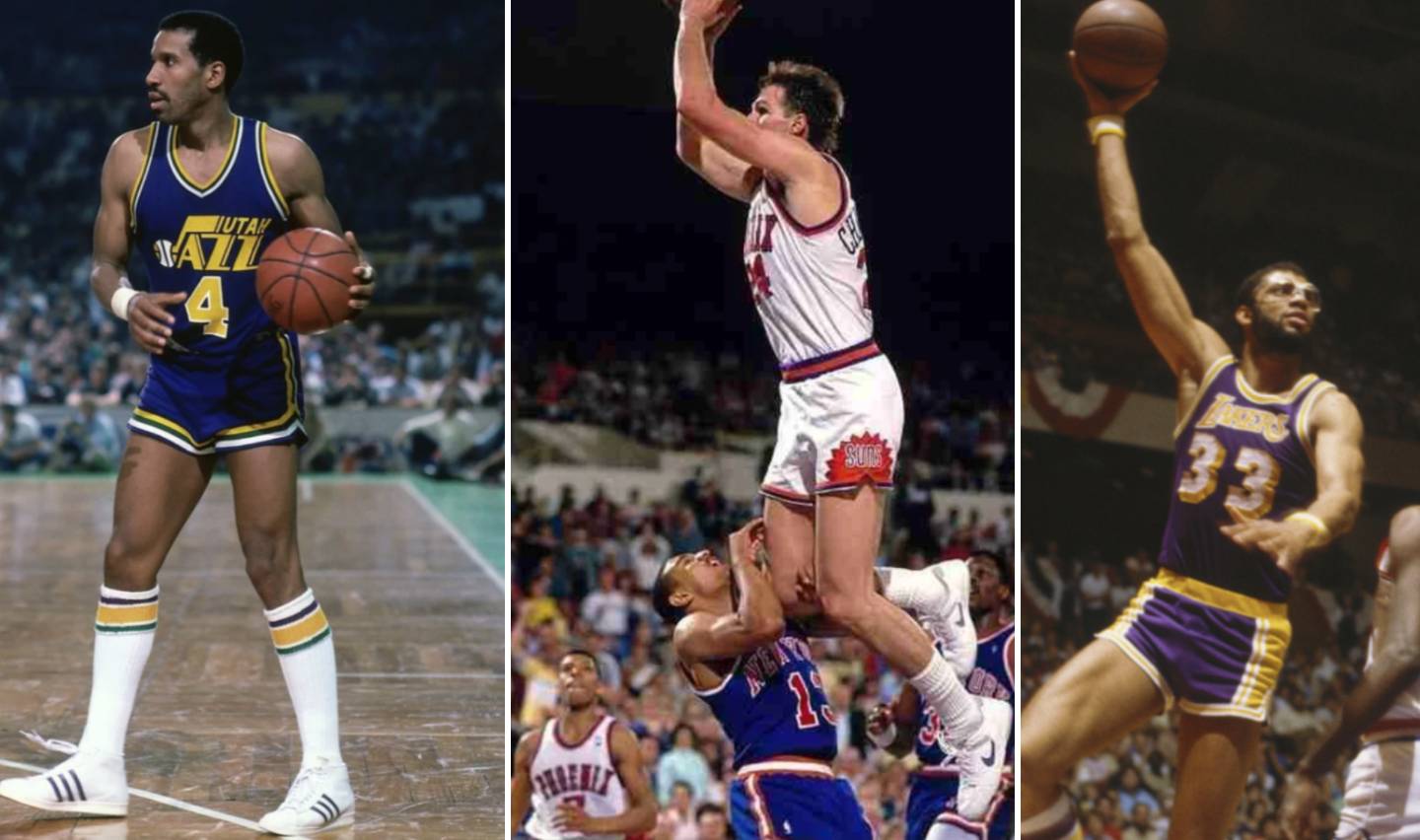 Three images of basketball players in action. Left: Player in a yellow Utah Jazz uniform dribbles the ball. Center: Player in a white jersey leaps over opponents. Right: Player in a purple Lakers uniform goes for a hook shot.