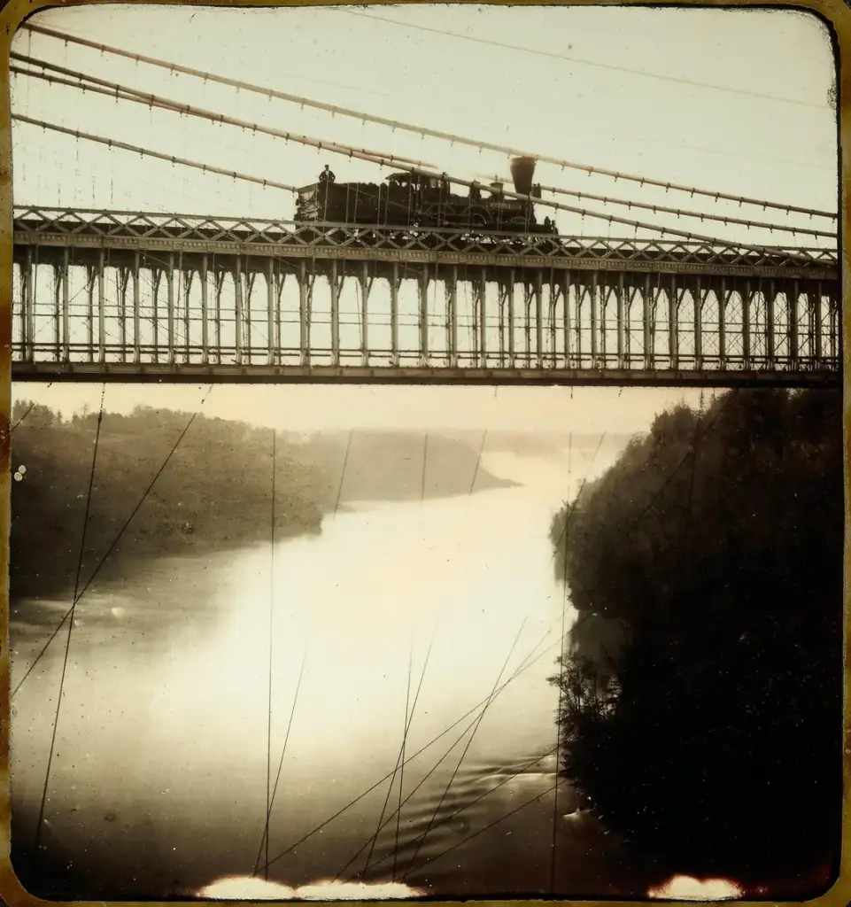 A train with a billowing smokestack crosses a suspension bridge over a calm river. The bridge features intricate metalwork, and dense trees are visible on either side of the water under a hazy sky.