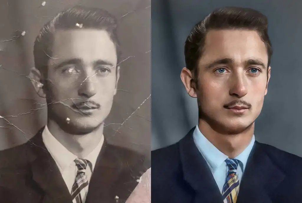 A portrait of a man in a suit and tie. The left side shows an aged black and white photo with visible cracks, while the right side displays a restored and colorized version, highlighting his features and attire.