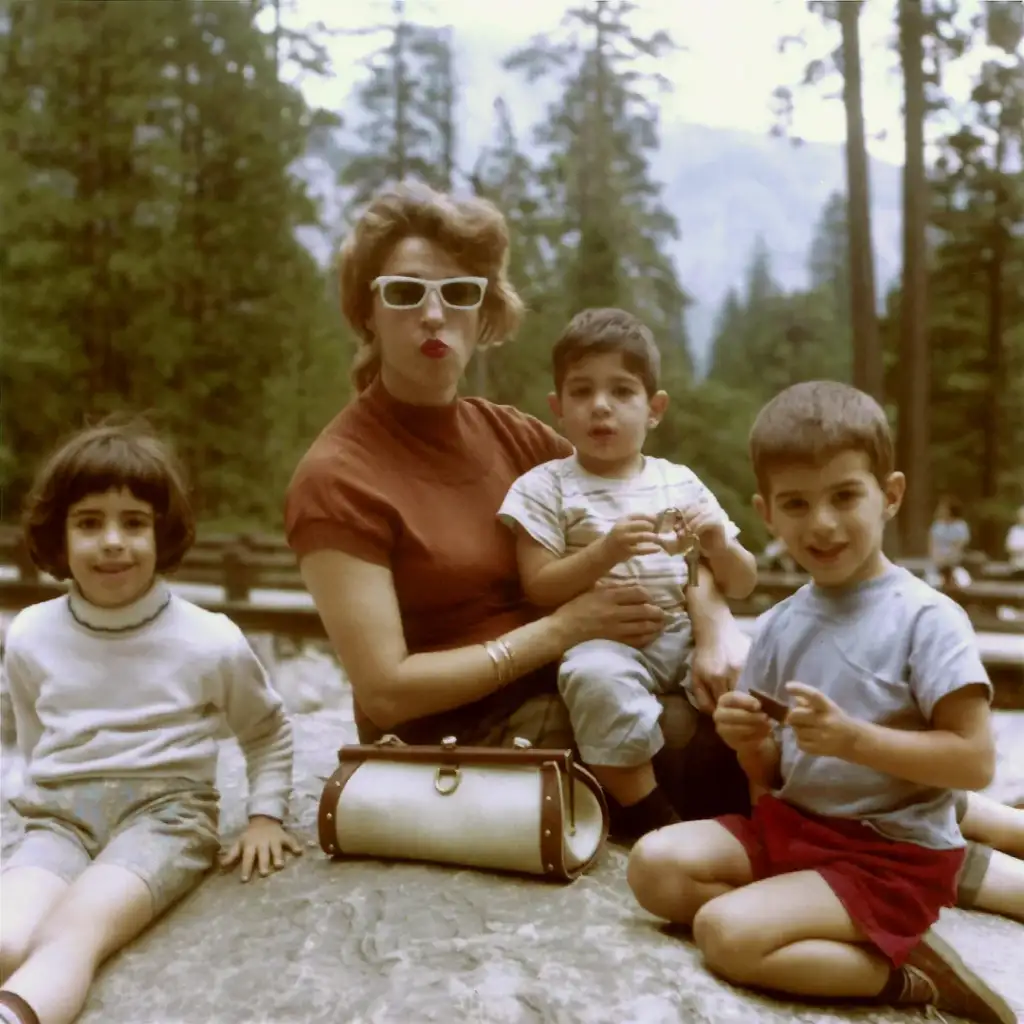 A woman wearing sunglasses and a red top sits on a rock with three children. One is sitting on her lap. They are surrounded by tall trees, with mountains visible in the background. A white purse is beside the woman.