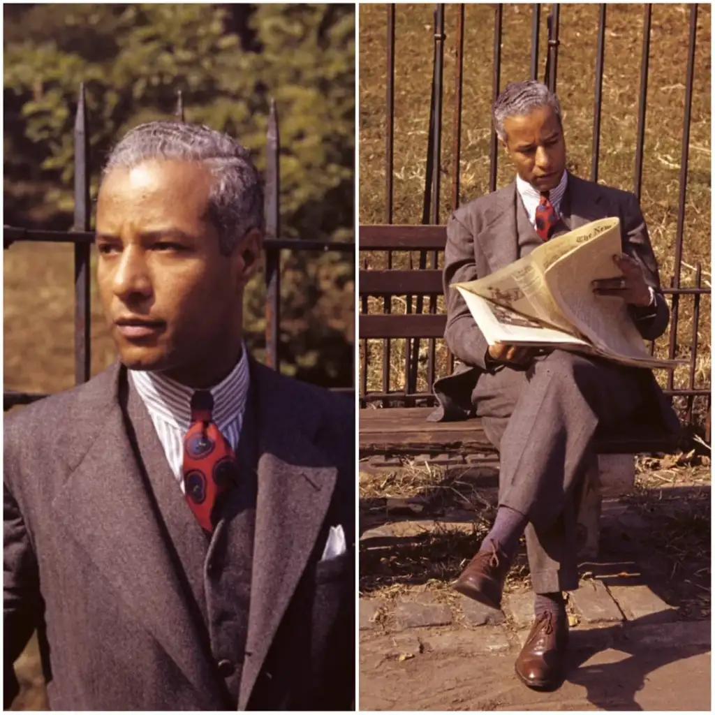 Left: A man with gray hair in a brown suit, striped shirt, and red tie, stands outdoors. Right: The same man is sitting on a bench reading a newspaper. The setting is a park with a grass and tree background.