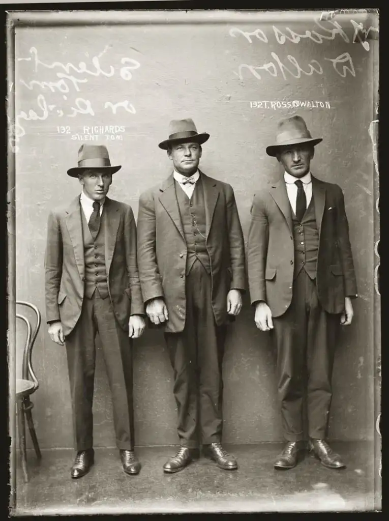 Three men in early 20th-century suits and hats stand against a wall. Two have handwritten labels above them. They all have serious expressions, and a chair is partially visible on the left. The photo has an old, sepia tone.