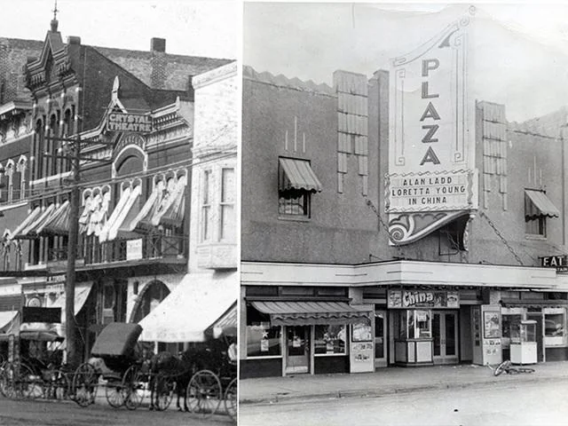 A vintage split image of two old theaters. On the left, a historic street with horse-drawn carriages and awnings. On the right, a theater with a marquee advertising "Plaza" and a film starring Alan Ladd and Loretta Young.