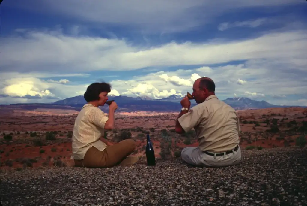 A man and woman sit on a rocky ground, sipping drinks with a wine bottle beside them. They face each other with a vast, arid landscape and mountains in the background under a cloudy sky.