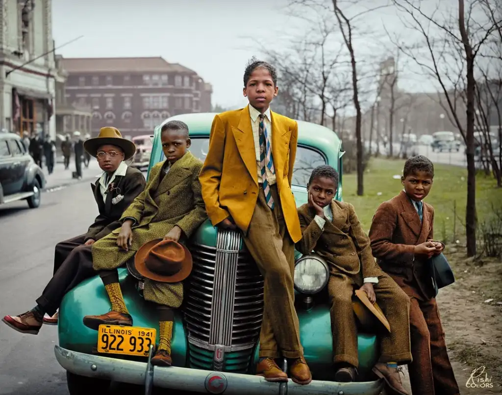 Five boys dressed in vintage suits and ties lean against a teal car on a city street. The car has an Illinois license plate from 1941. Buildings and bare trees are visible in the background. The scene has a classic, historical feel.