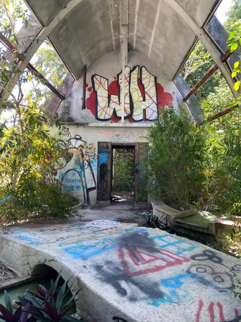 Interior of an abandoned building with a graffiti-covered arched ceiling. Overgrown plants surround the area, and a path with graffiti leads to an open doorway. Sunlight filters through broken windows, casting shadows.