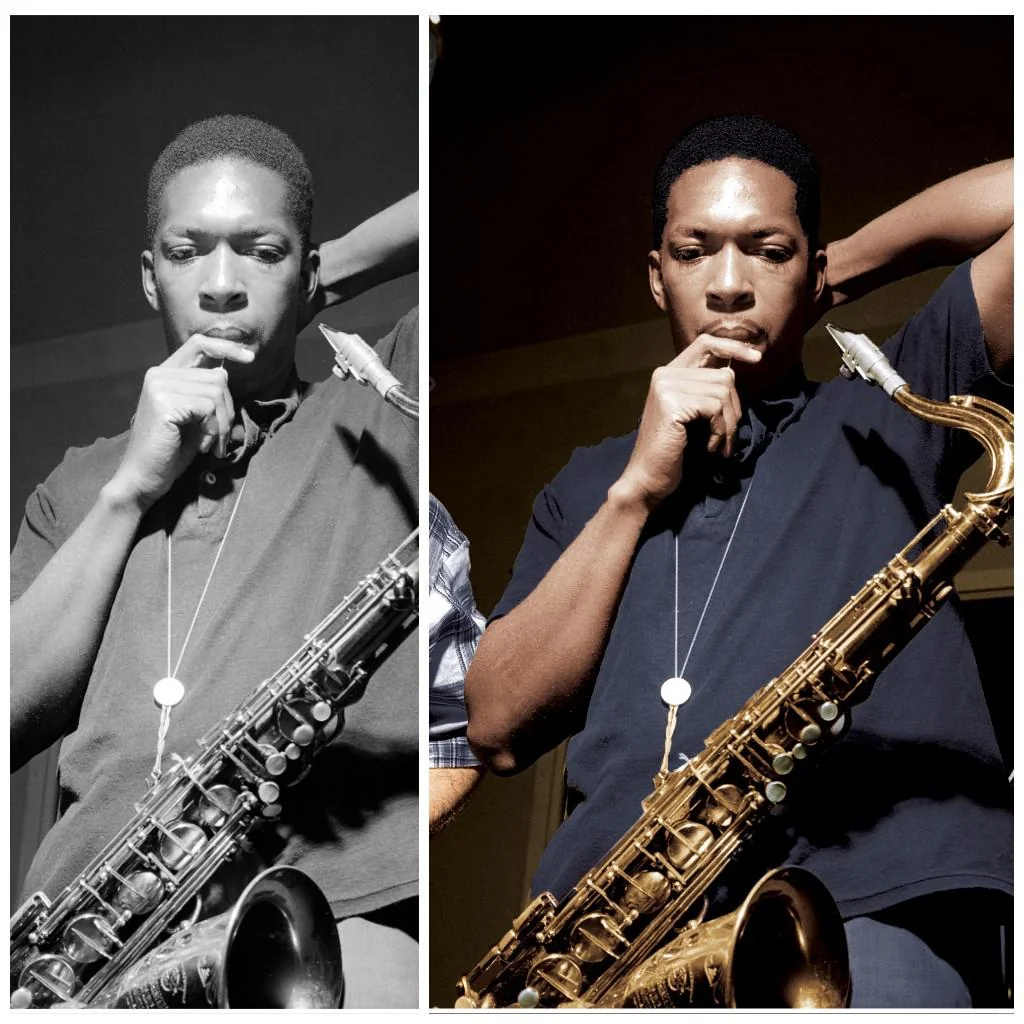 Two side-by-side images of a person with a saxophone. The image on the left is in black and white, and the one on the right is in color. The person is resting their left arm on their head and appears thoughtful.