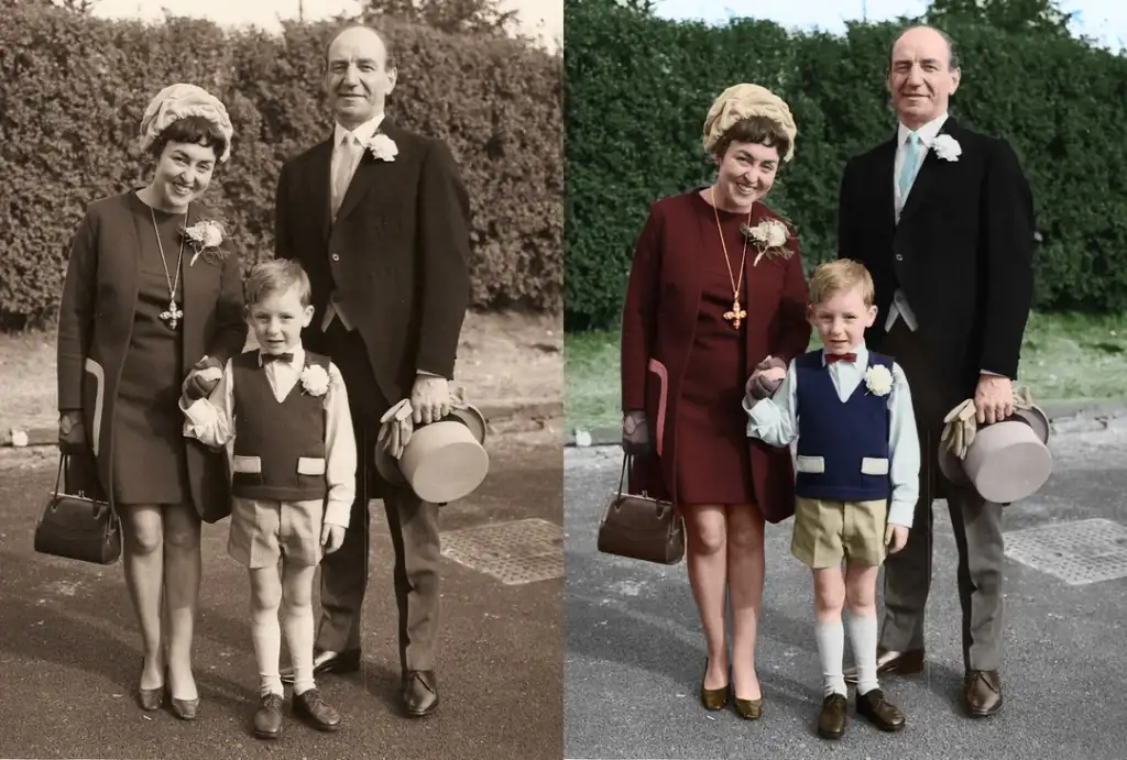 Black-and-white photo, left, shows a woman in a dress with a hat, a man in a suit holding a hat, and a young boy in a vest and shorts. The colorized version, right, reveals the woman's dress is burgundy, the man’s suit is black, and the boy’s vest is blue.